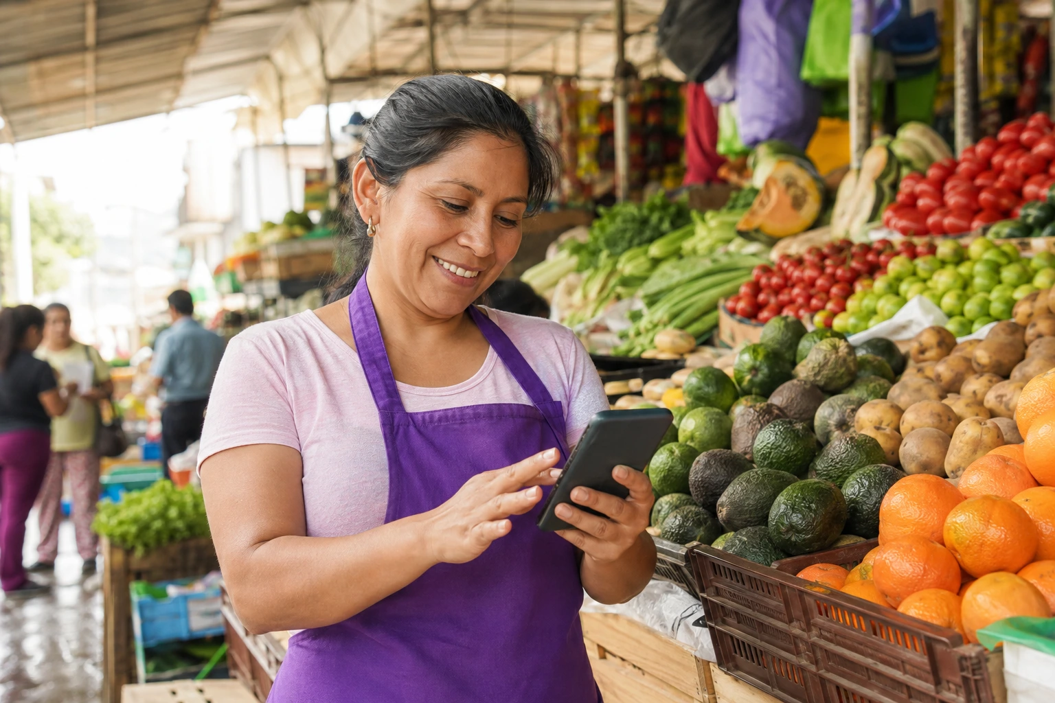 Emprendedora atendiendo en un mercado peruano