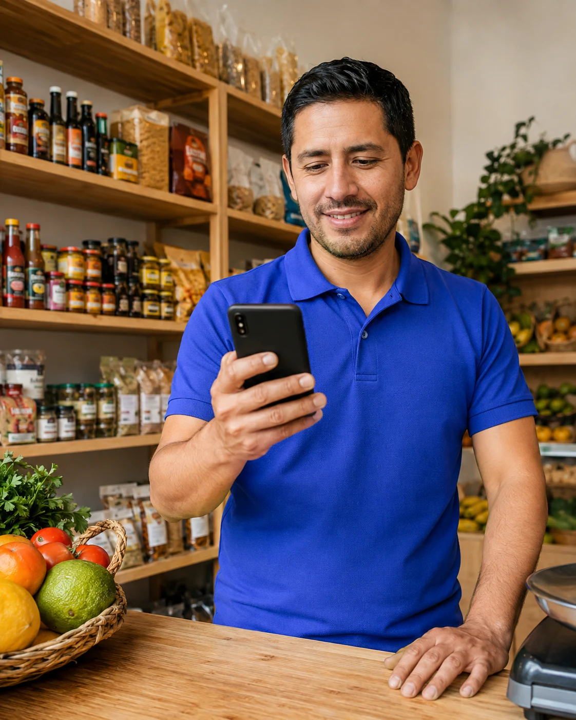 Un emprendedor habla a su teléfono en el mostrador de su tienda. Imagen ilustrativa generada con IA.