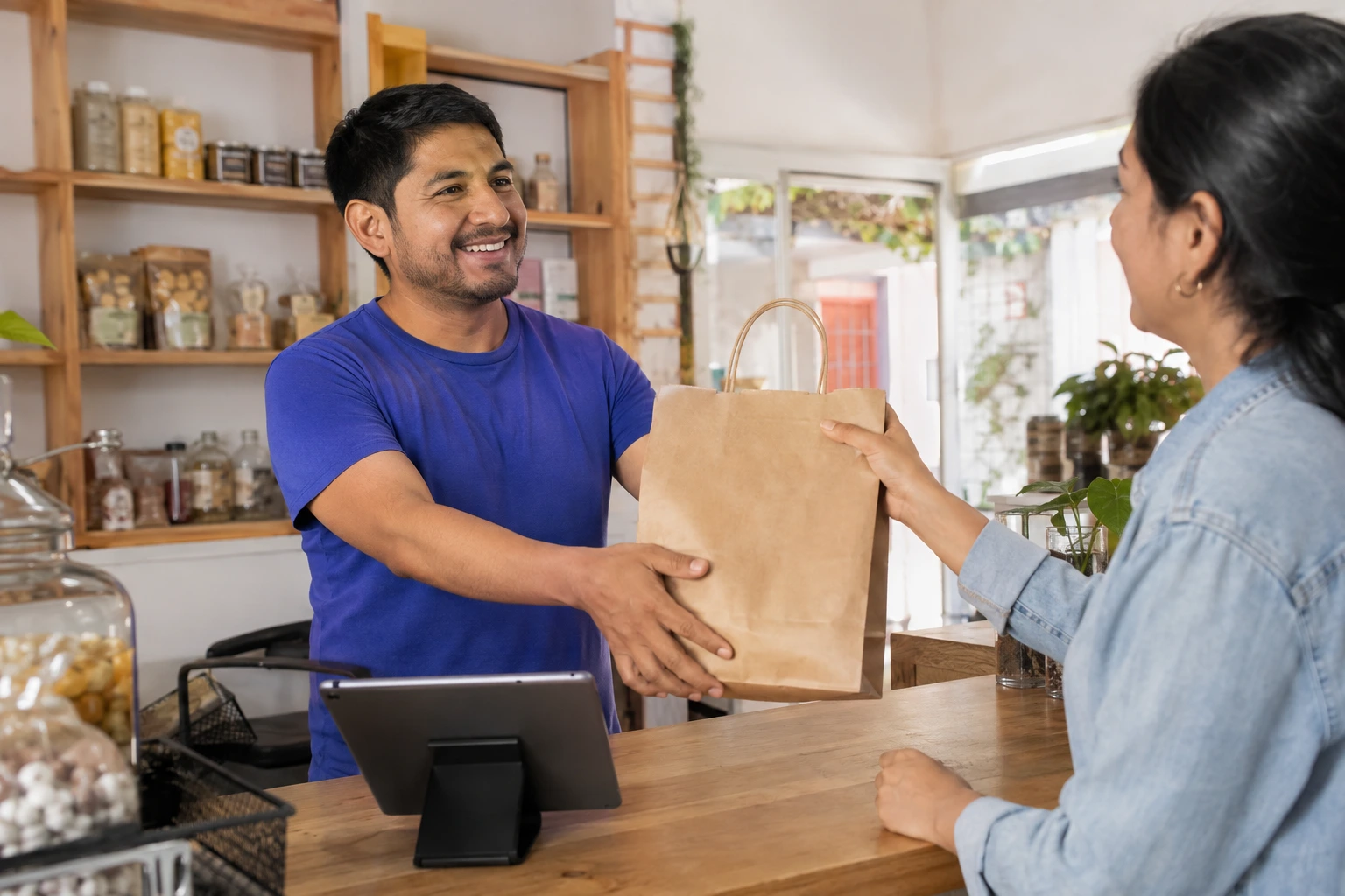 Comerciante atendiendo a una clienta en su tienda